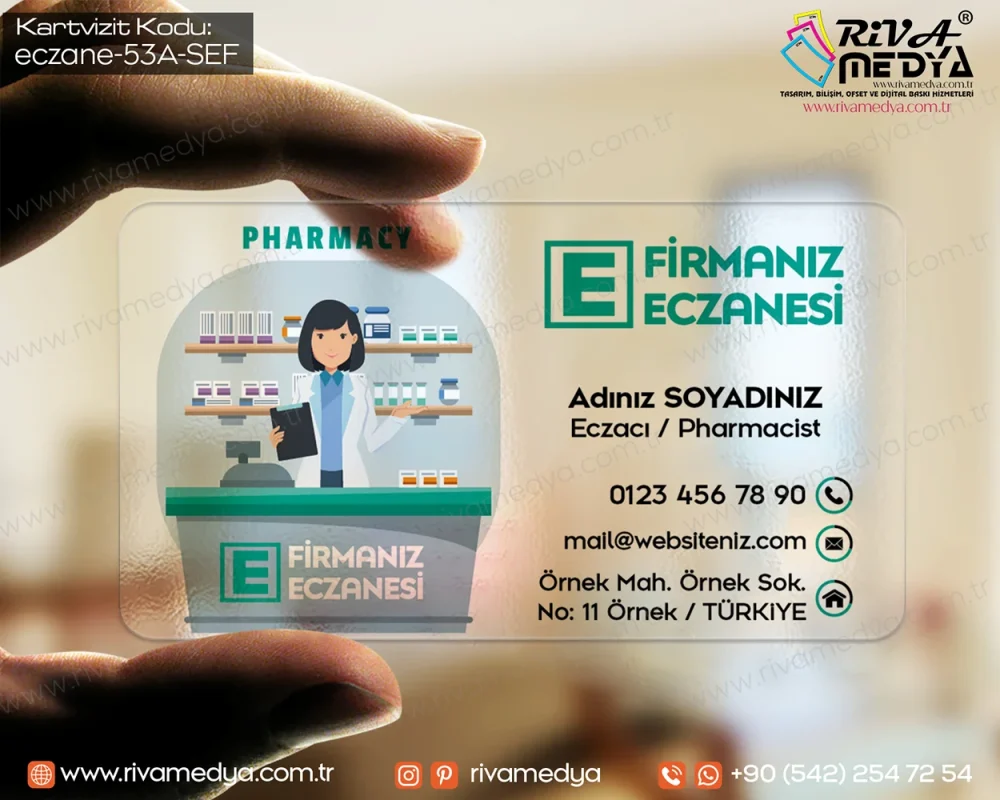 Kadın Eczacı Görselli Turkuaz Eczane Şeffaf Kartvizit Örneği