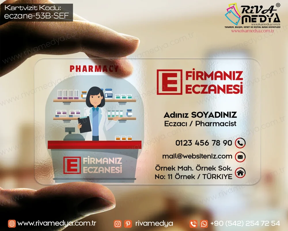 Kadın Eczacı Görselli Kırmızı Eczane Şeffaf Kartvizit Örneği